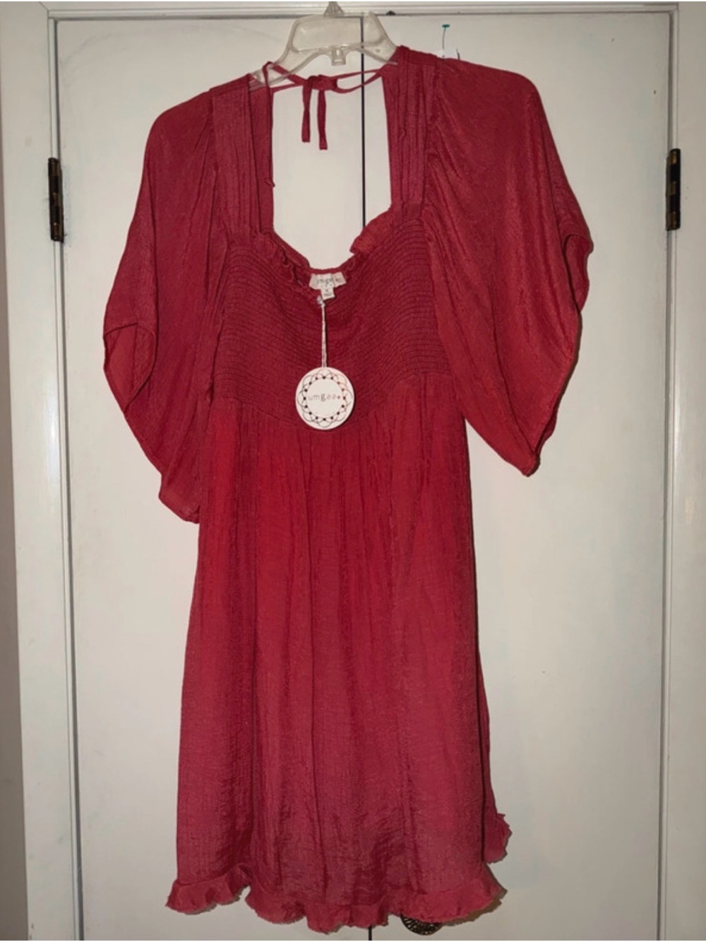 Umgee Rose-Red Smocked Bodice Tunic with Flutter Sleeves